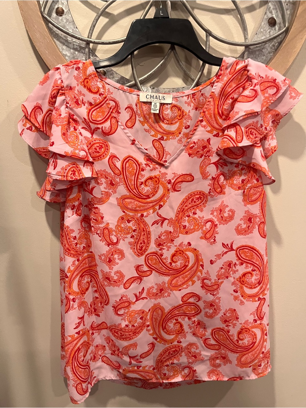 Chaus Pink & Coral Paisley Ruffle Sleeve Blouse